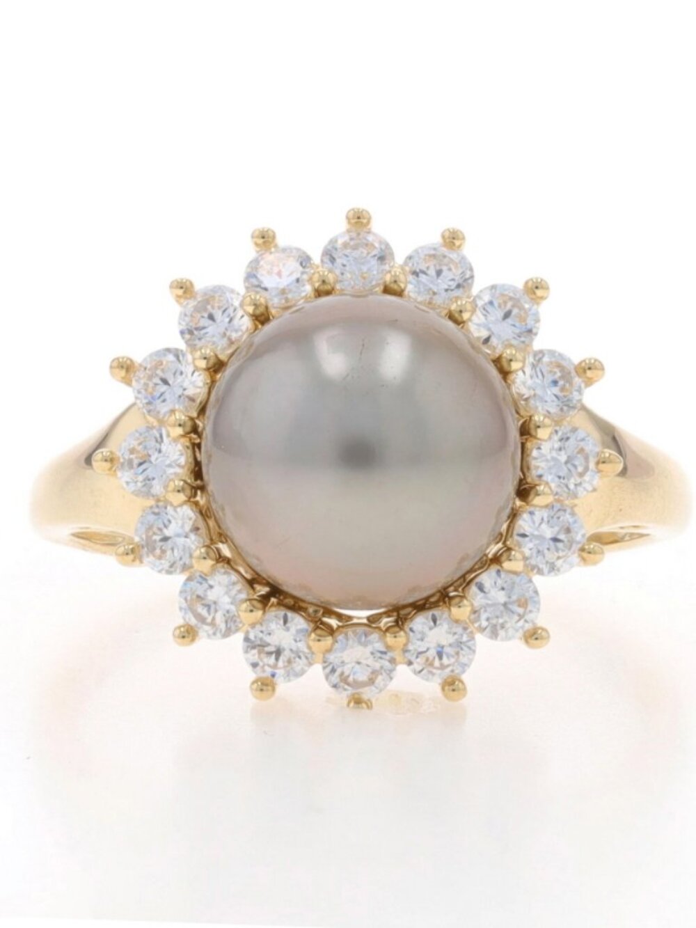 Yellow Gold Cultured Tahitian Pearl & Cubic Zirconia Halo Ring 14k .72ctw Floral